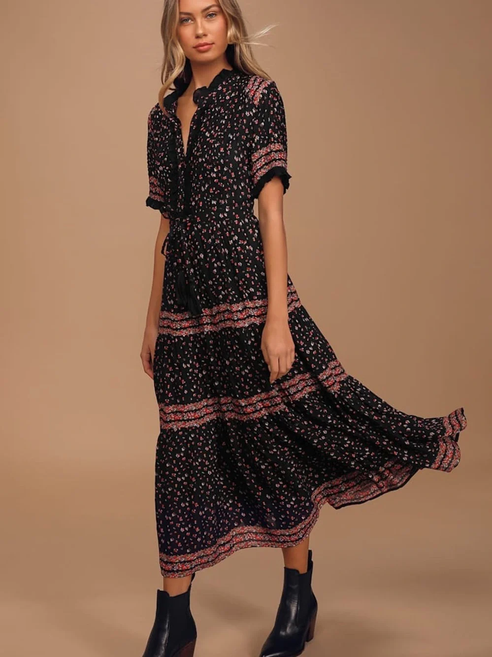 Free People Rare Feelings Black Floral Print Tiered Pleated Maxi Dress. Small - Picture 1 of 6